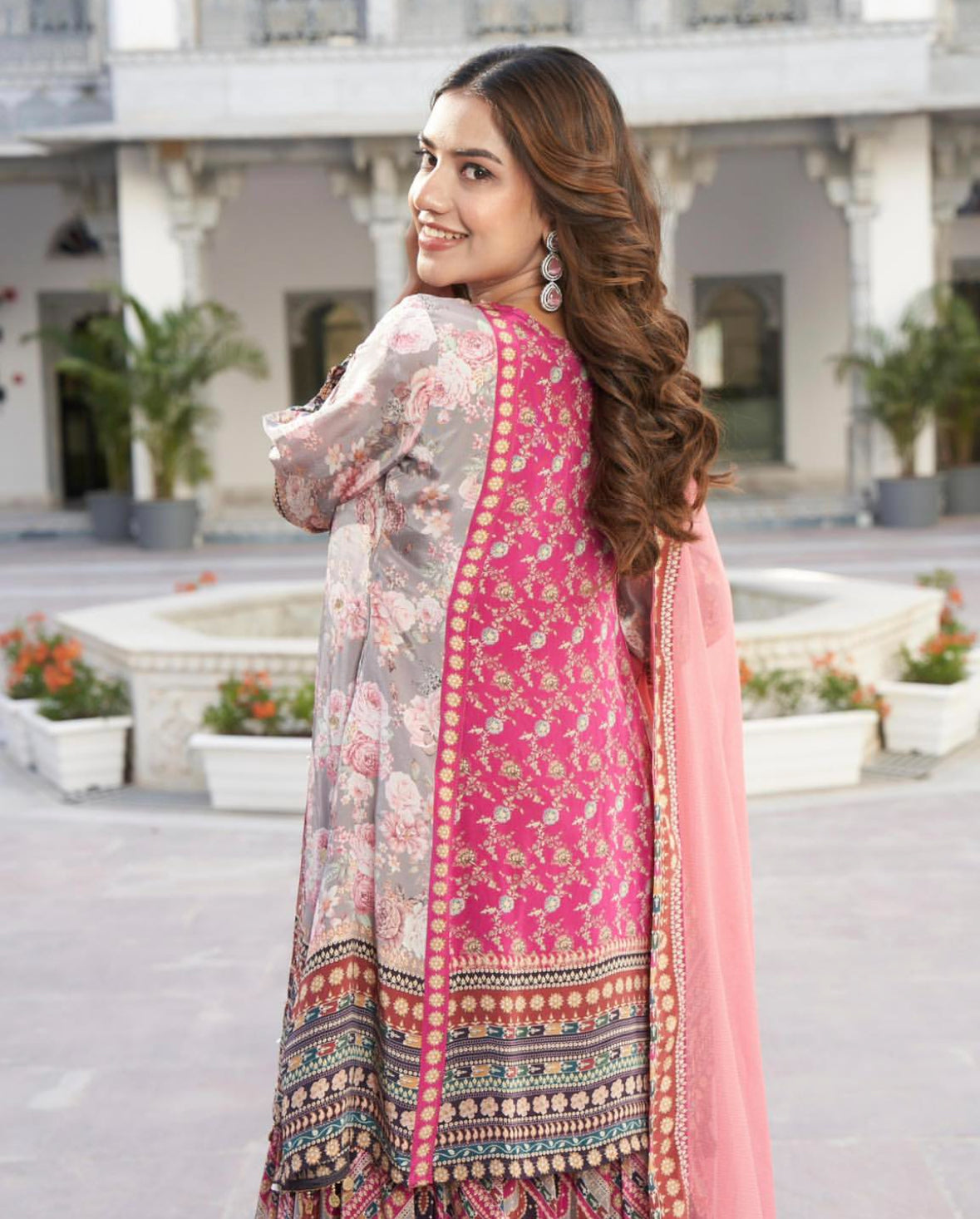 Grey Floral Print Embellished Crepe Satin Kurta With Sharara And Dupatta