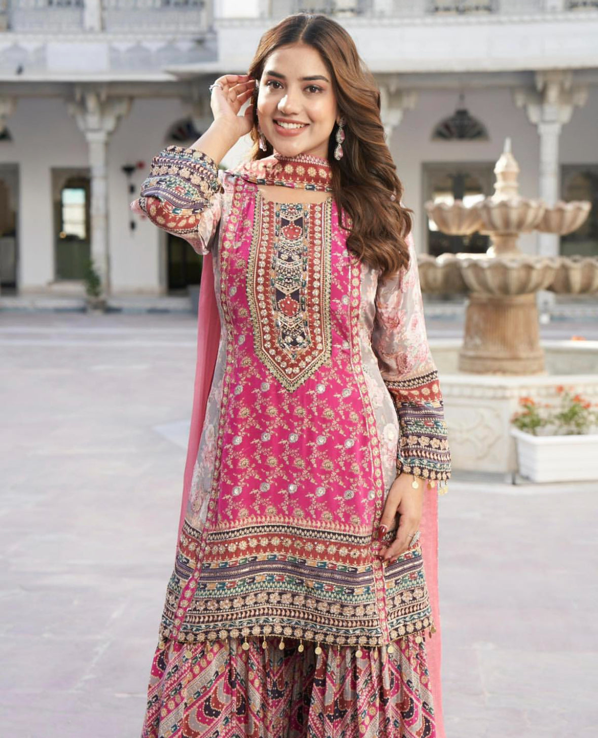 Grey Floral Print Embellished Crepe Satin Kurta With Sharara And Dupatta