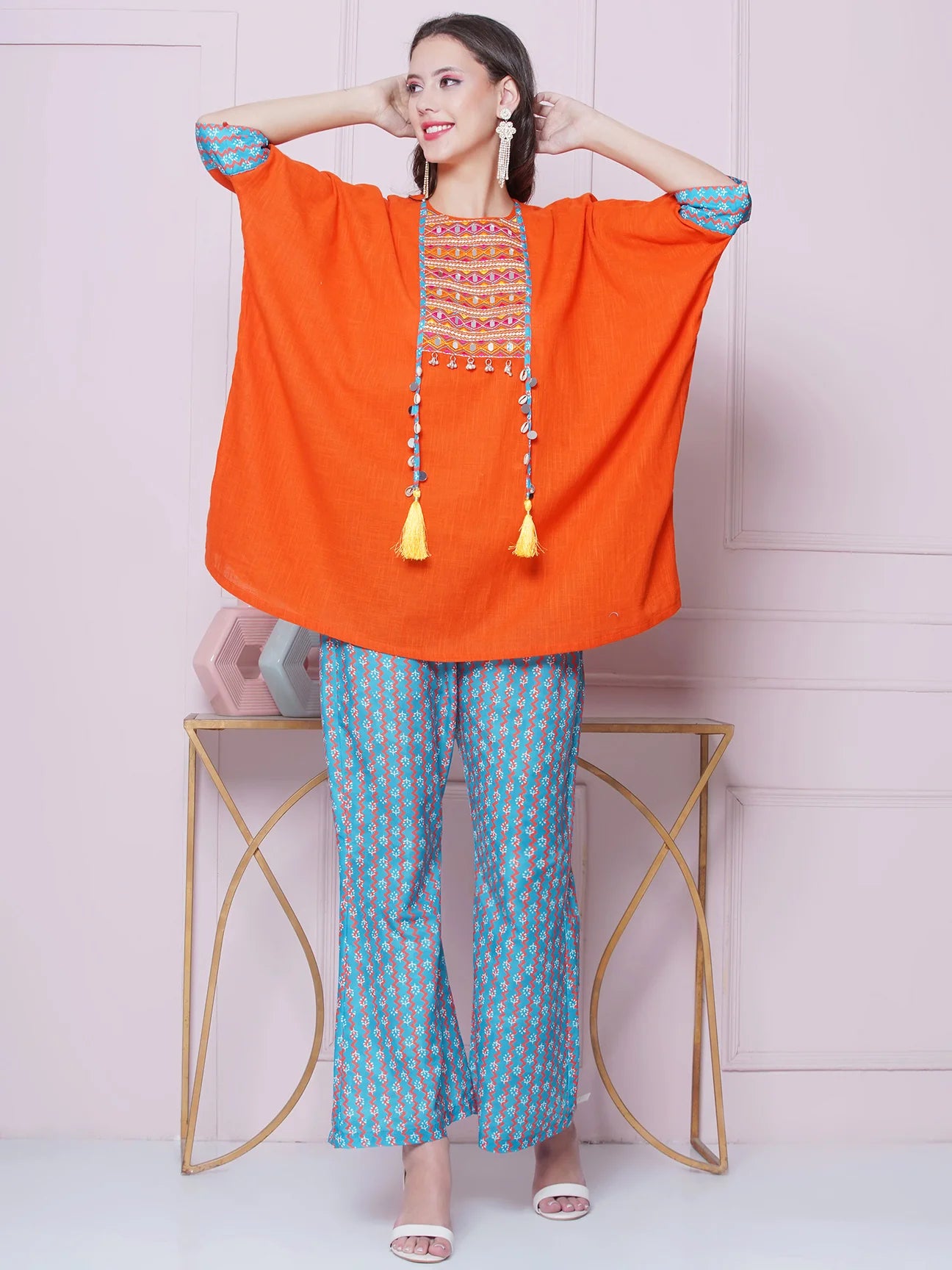 Orange Cotton Mirror Embroidered Kaftaan with Printed Bellbottom