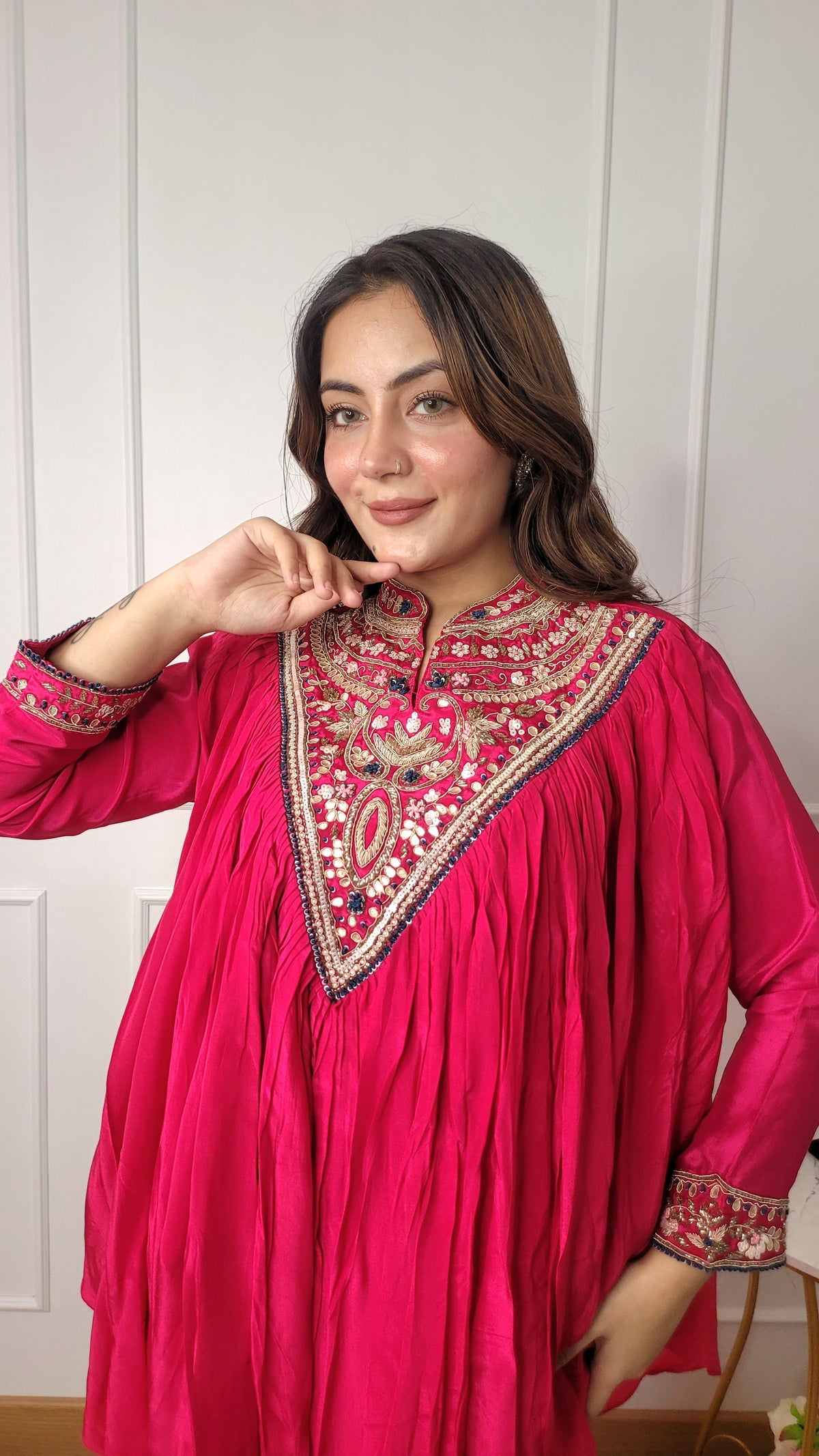 Hot Pink Pure Crepe Peplum Top With Dhoti Drape Skirt