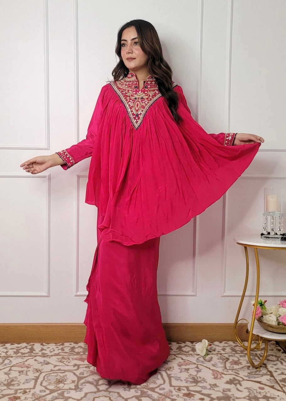 Hot Pink Pure Crepe Peplum Top With Dhoti Drape Skirt