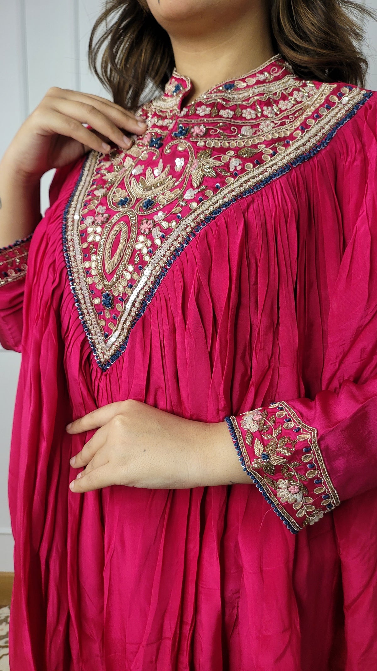 Hot Pink Pure Crepe Peplum Top With Dhoti Drape Skirt