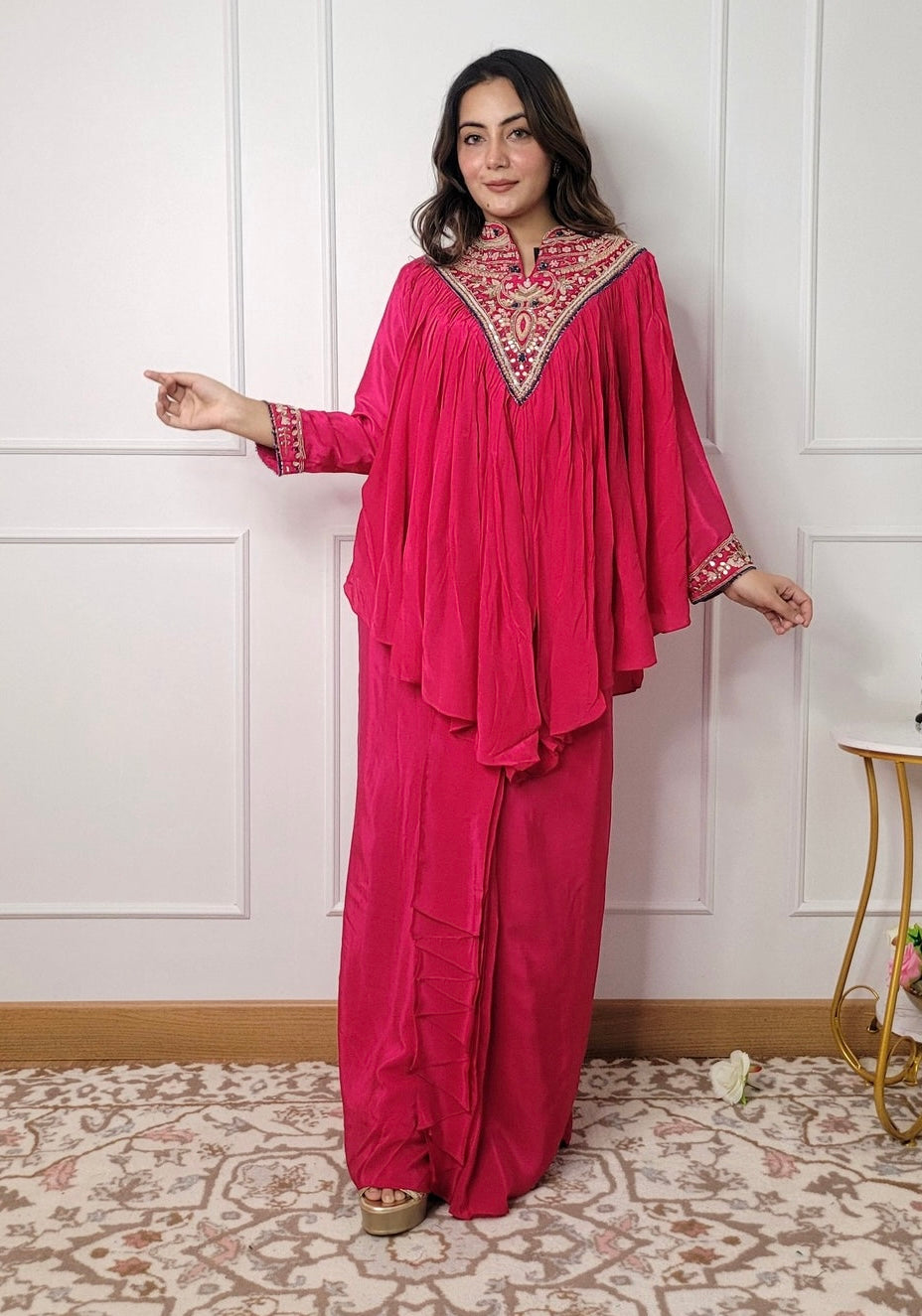 Hot Pink Pure Crepe Peplum Top With Dhoti Drape Skirt