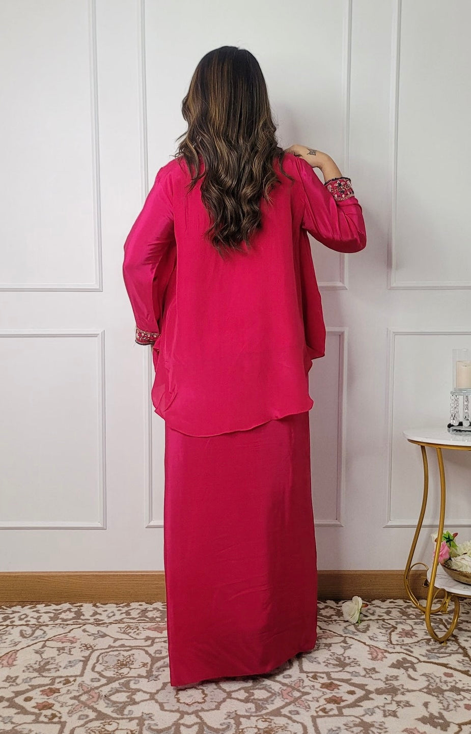 Hot Pink Pure Crepe Peplum Top With Dhoti Drape Skirt