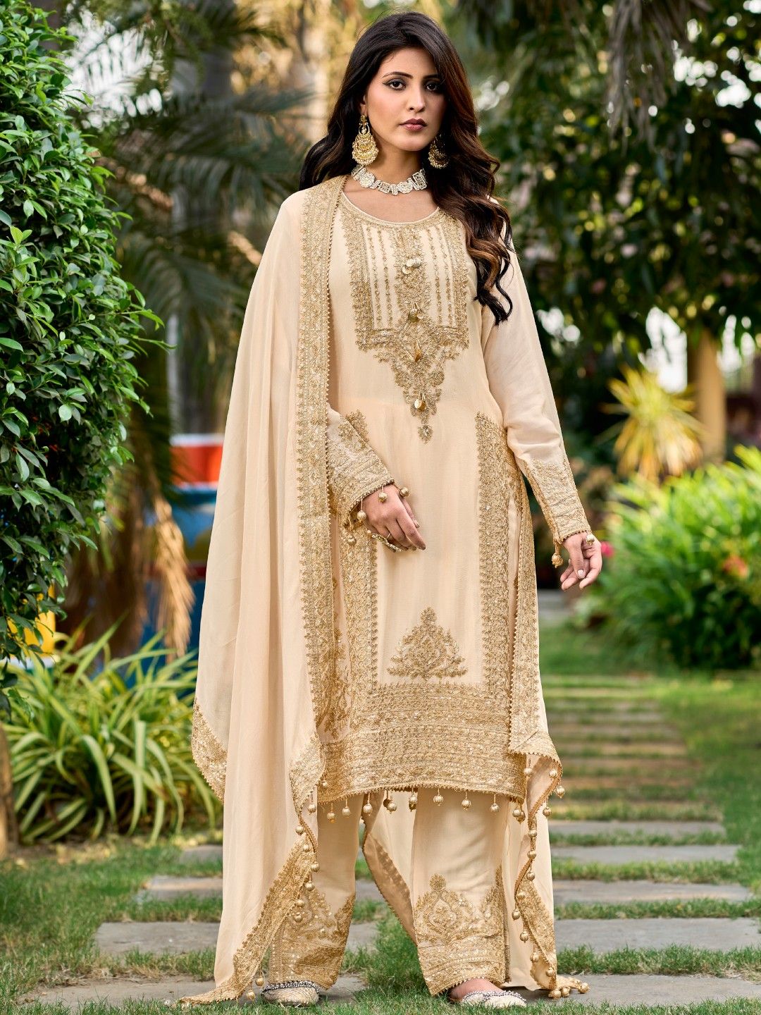 cream colour pakistani dress Cream Semi Stitched Georgette Pakistani Suit 38 / Faux Georgette / Cream