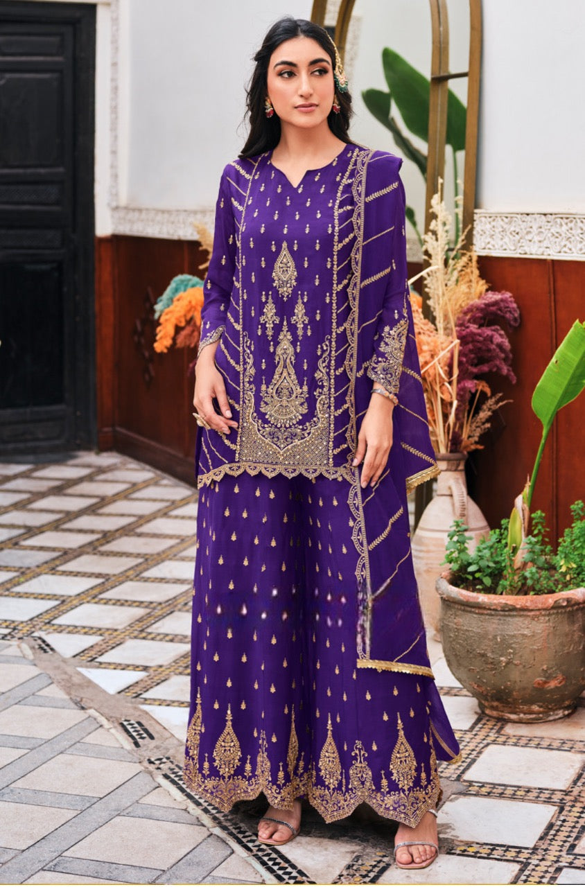 Deep Purple Zari Embroidered Sharara Suit