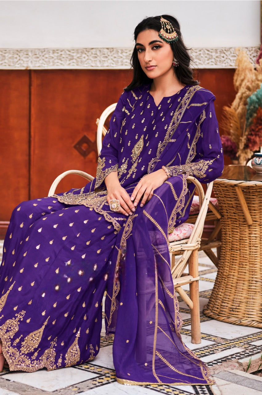 Deep Purple Zari Embroidered Sharara Suit