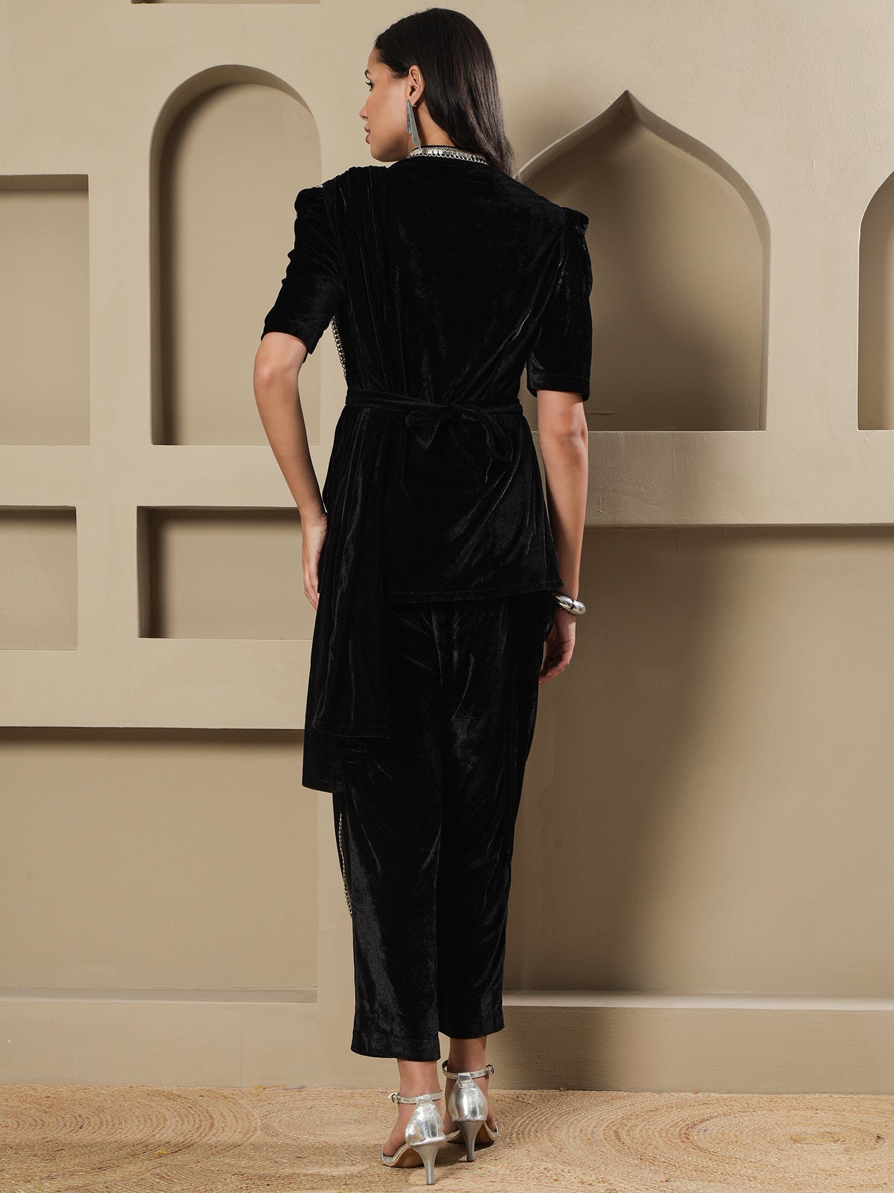 Designer Partywear Black Velvet 3-Piece Lotus Embroidered Co-Ord Set with Draped Pant