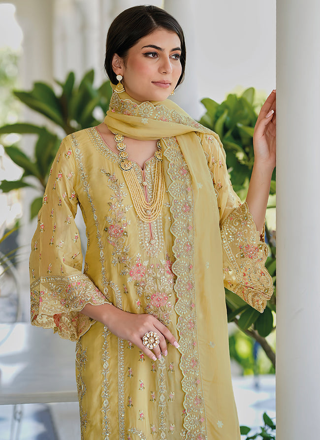 Yellow organza zari embroidered Pakistani Salwar Suit