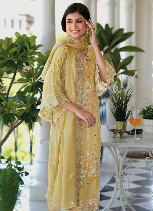 Yellow organza zari embroidered Pakistani Salwar Suit