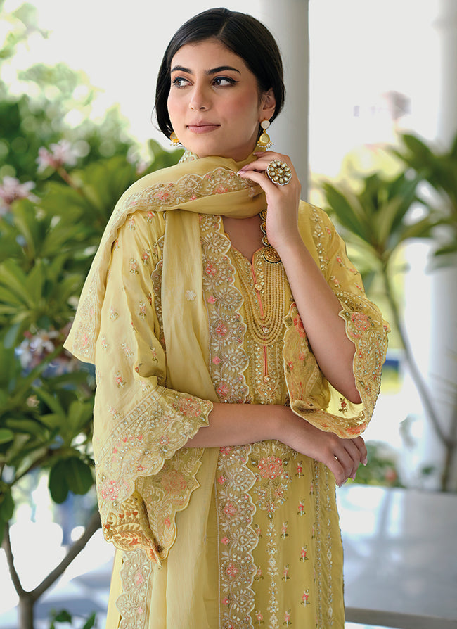 Yellow organza zari embroidered Pakistani Salwar Suit