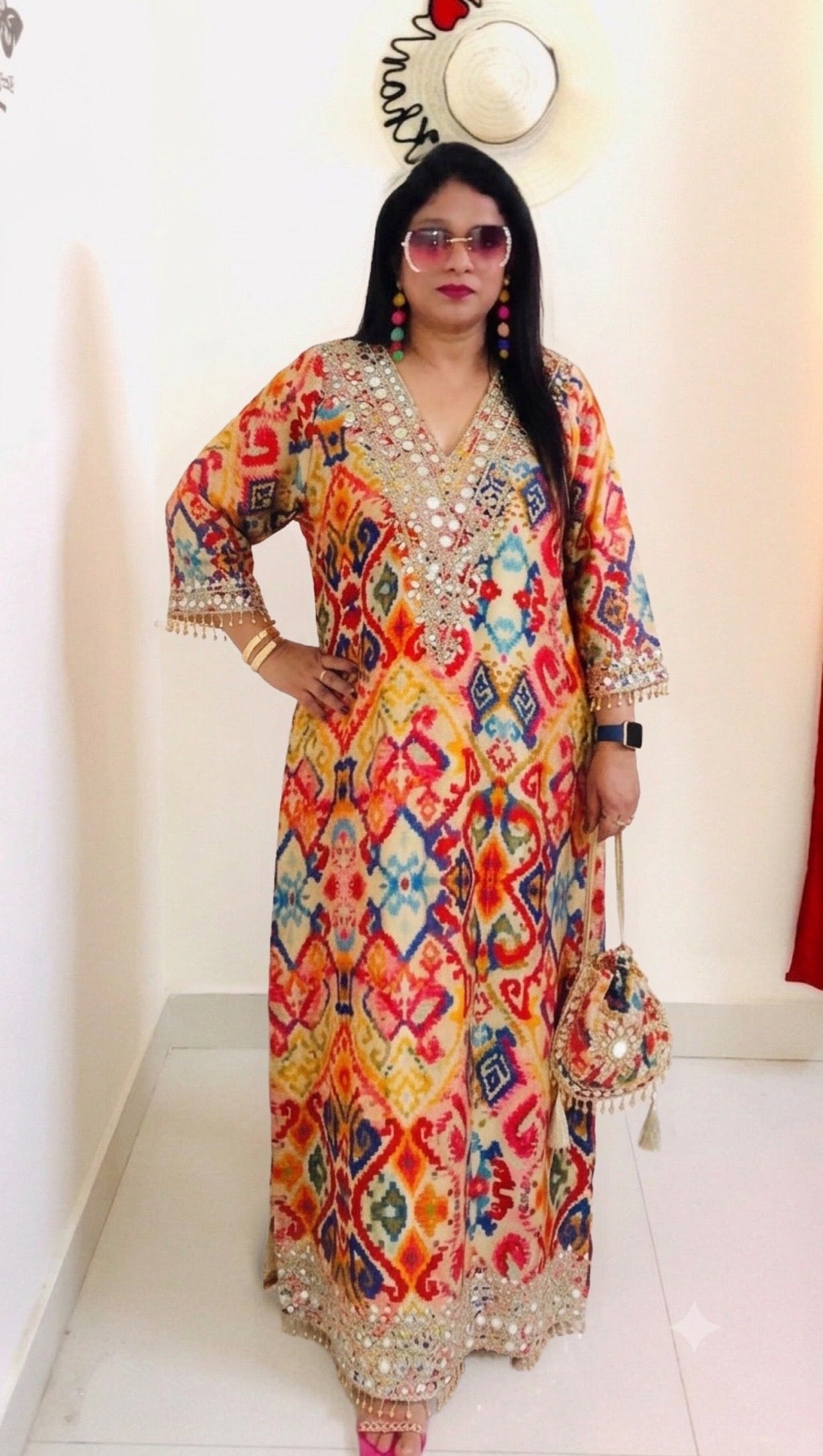 Designer Partywear Printed Pakistani Jalabiya Kaftan Long Dress