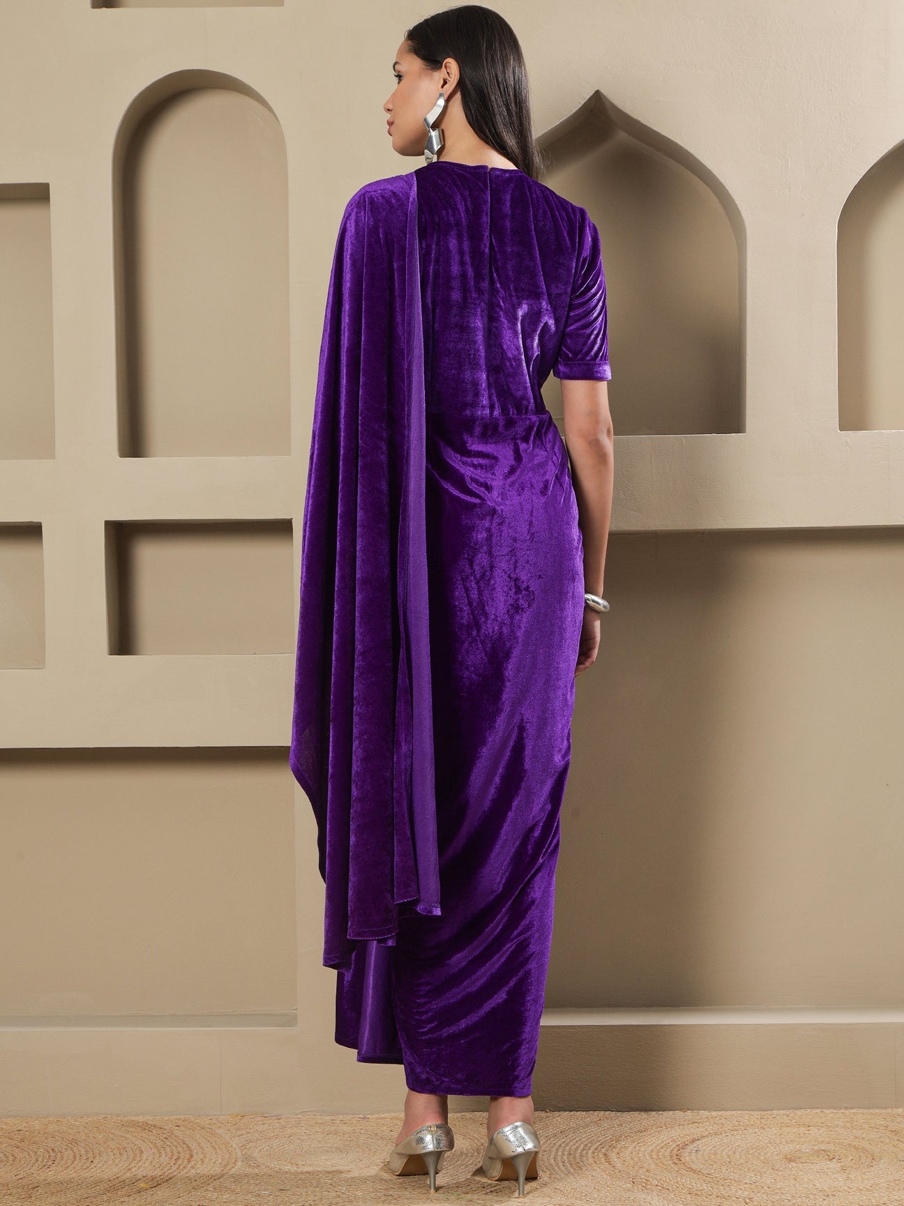 Designer Partywear Purple Velvet Hand-Embellished Drape Gown