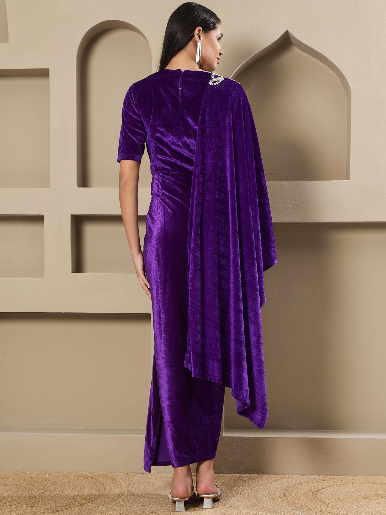 Designer Partywear Royal Purple Velvet Hand-Embellished Drape Gown