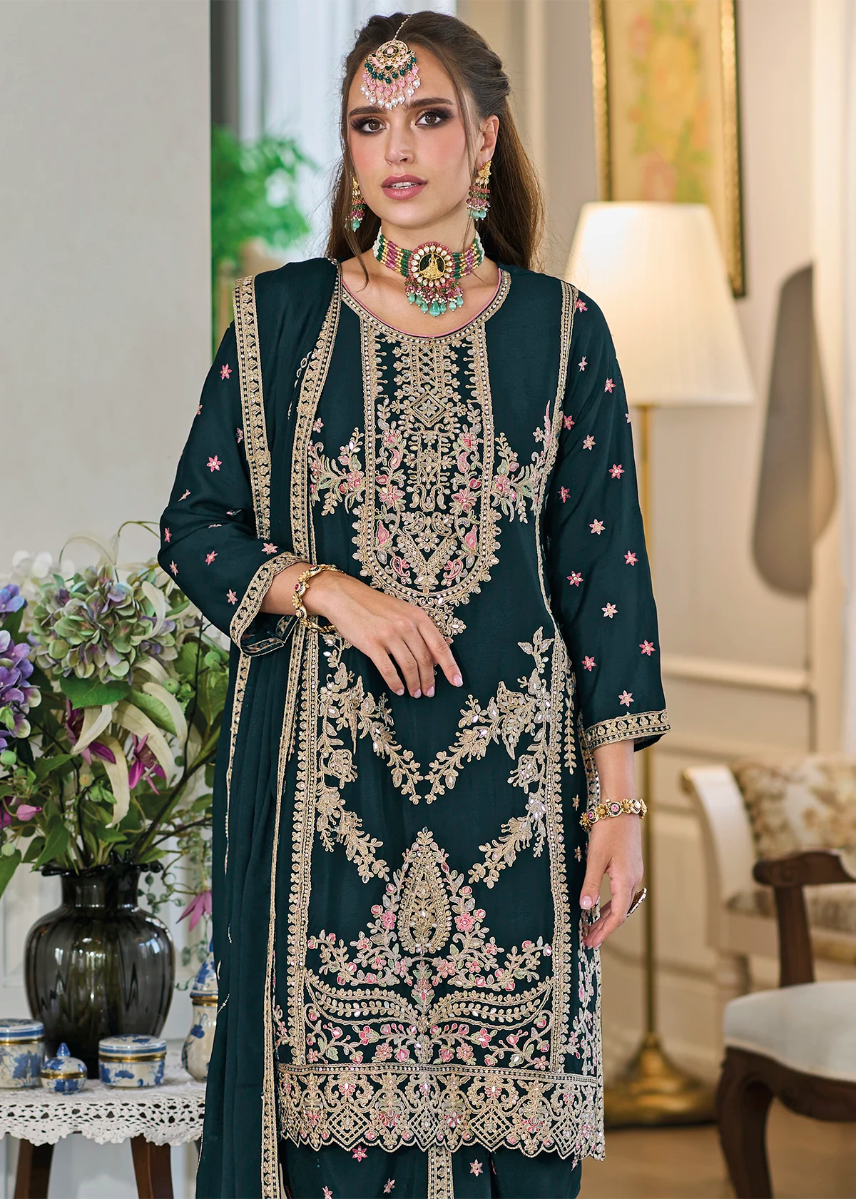 Teal Dhoti Suit with Zari Embroidery Work