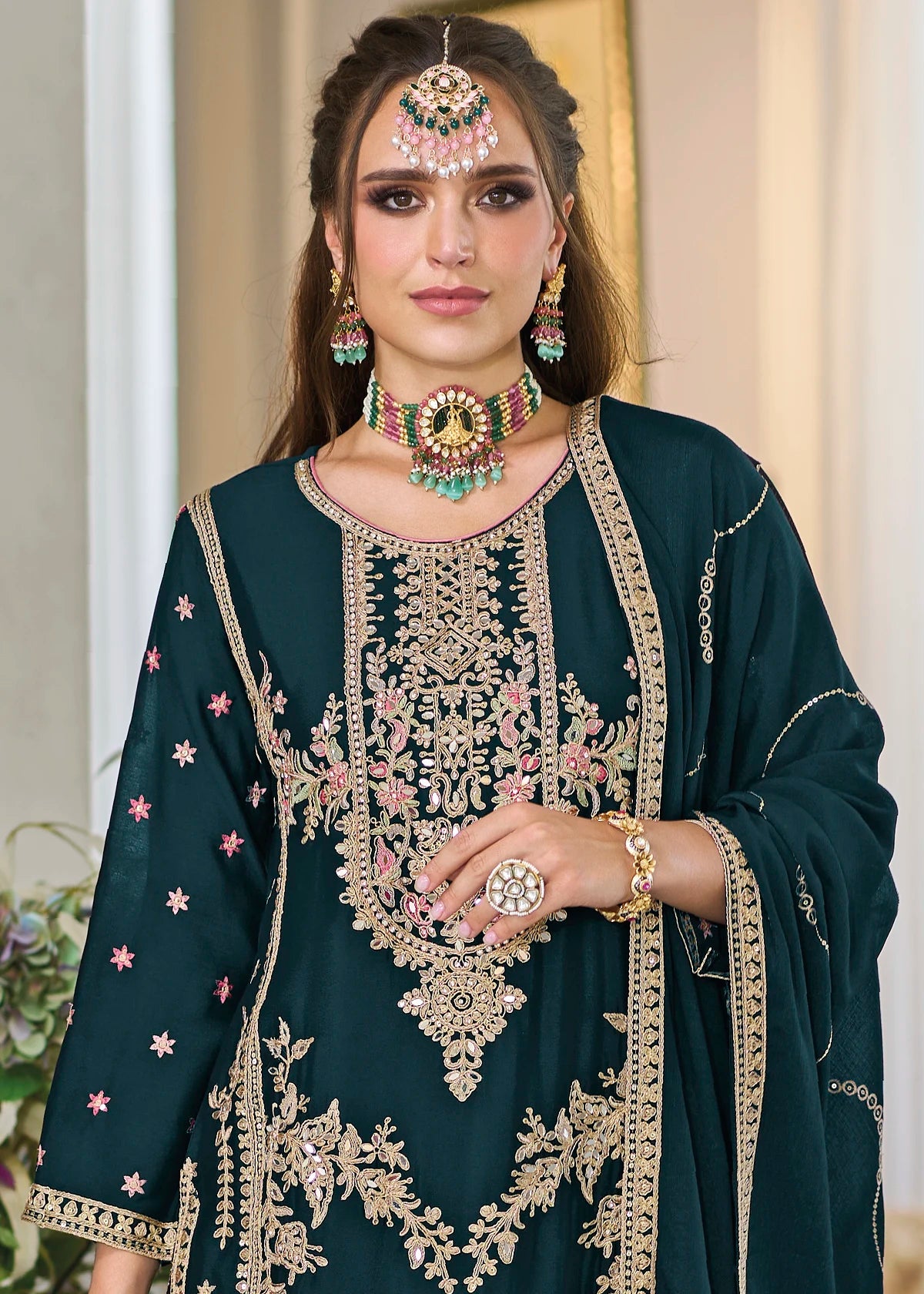 Teal Dhoti Suit with Zari Embroidery Work