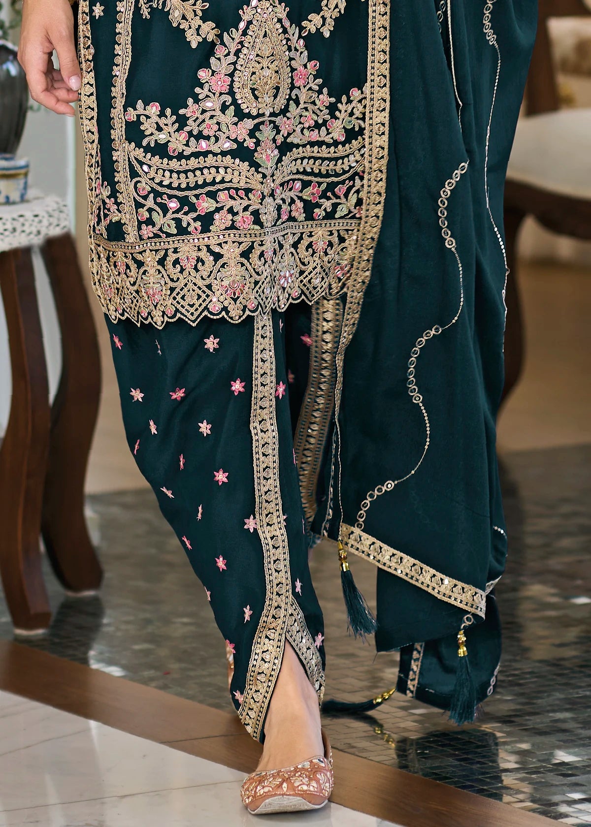 Teal Dhoti Suit with Zari Embroidery Work