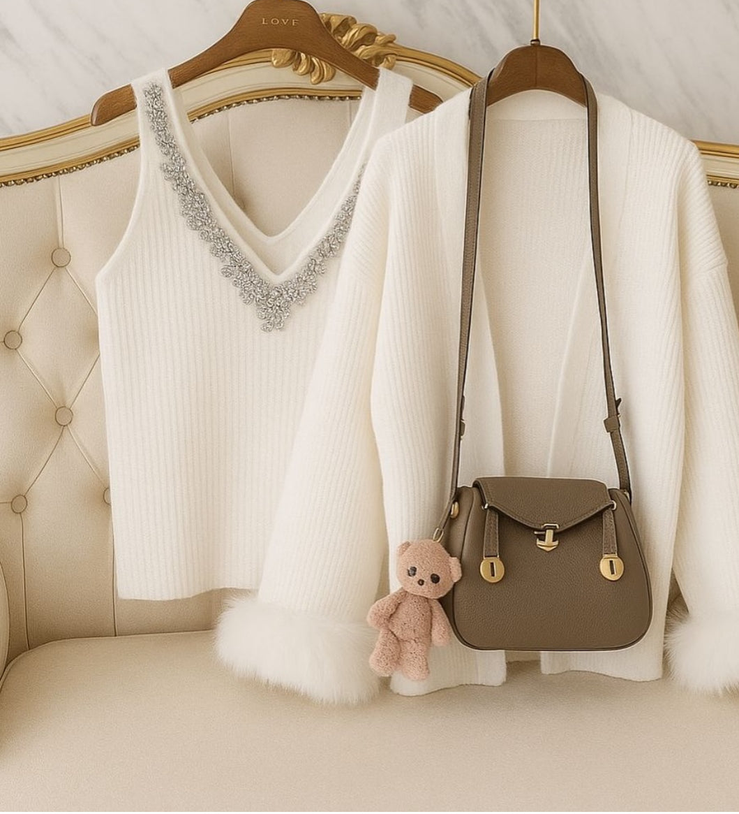 Imported Luxe Knitted Embellished Blouse with Coordinated Shrug