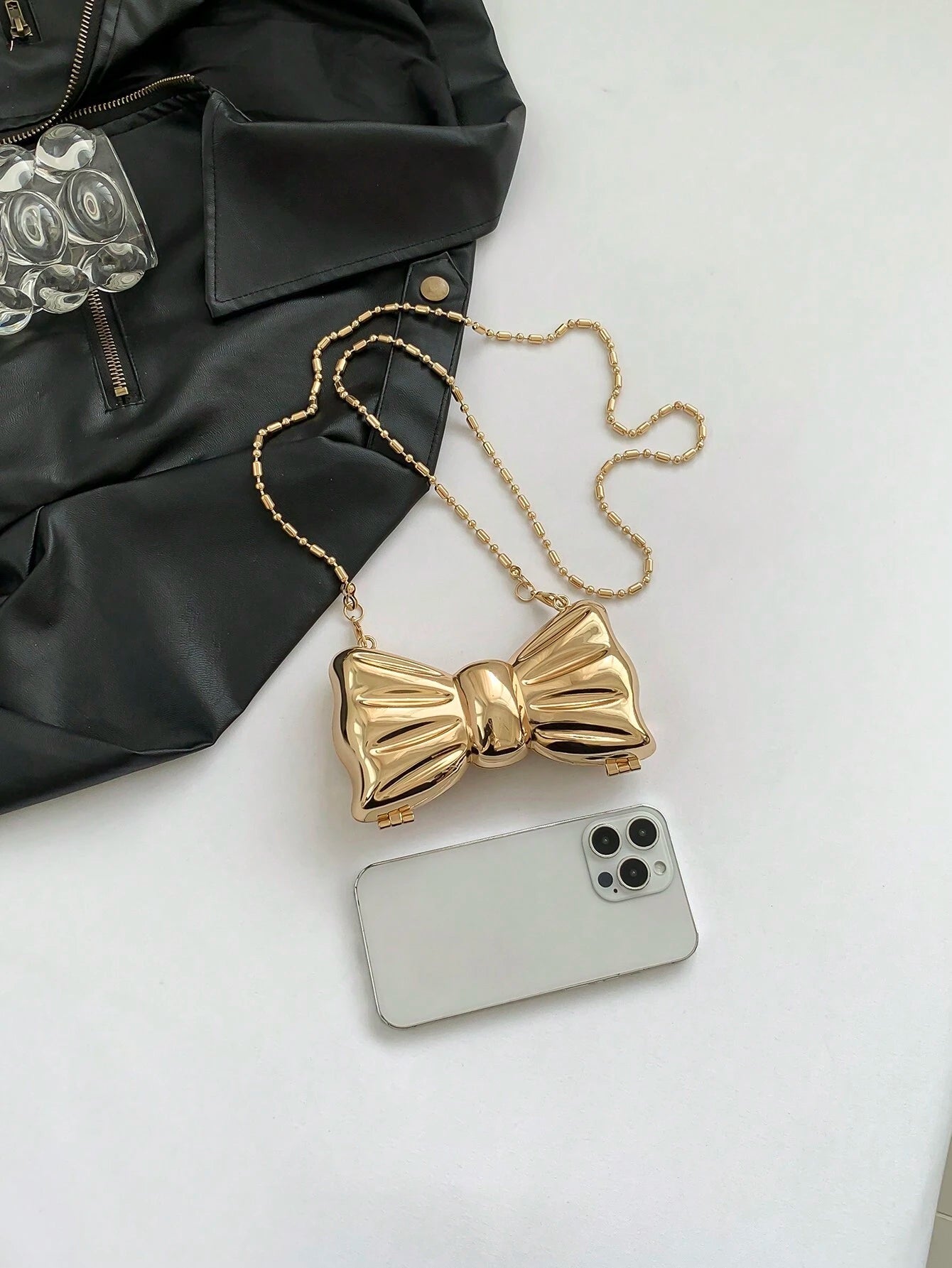 Designer Partywear Gold Zinc Alloy Metal BowKnot Mini Clutch Bag