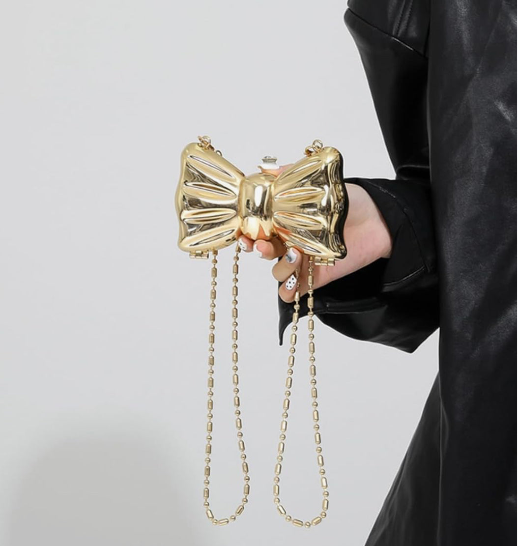 Designer Partywear Gold Zinc Alloy Metal BowKnot Mini Clutch Bag