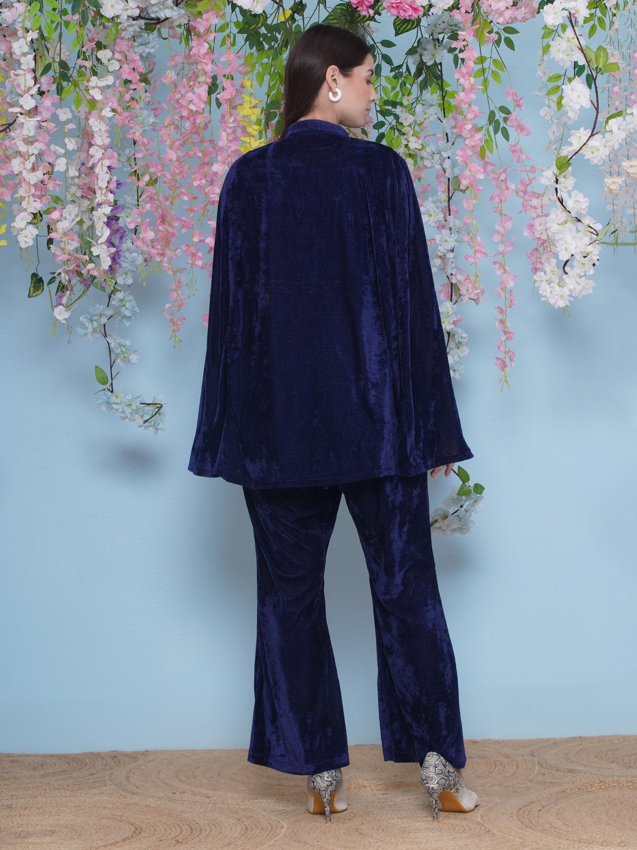 Designer Partywear Blue Velvet Embroidered Cape Co-ord Set