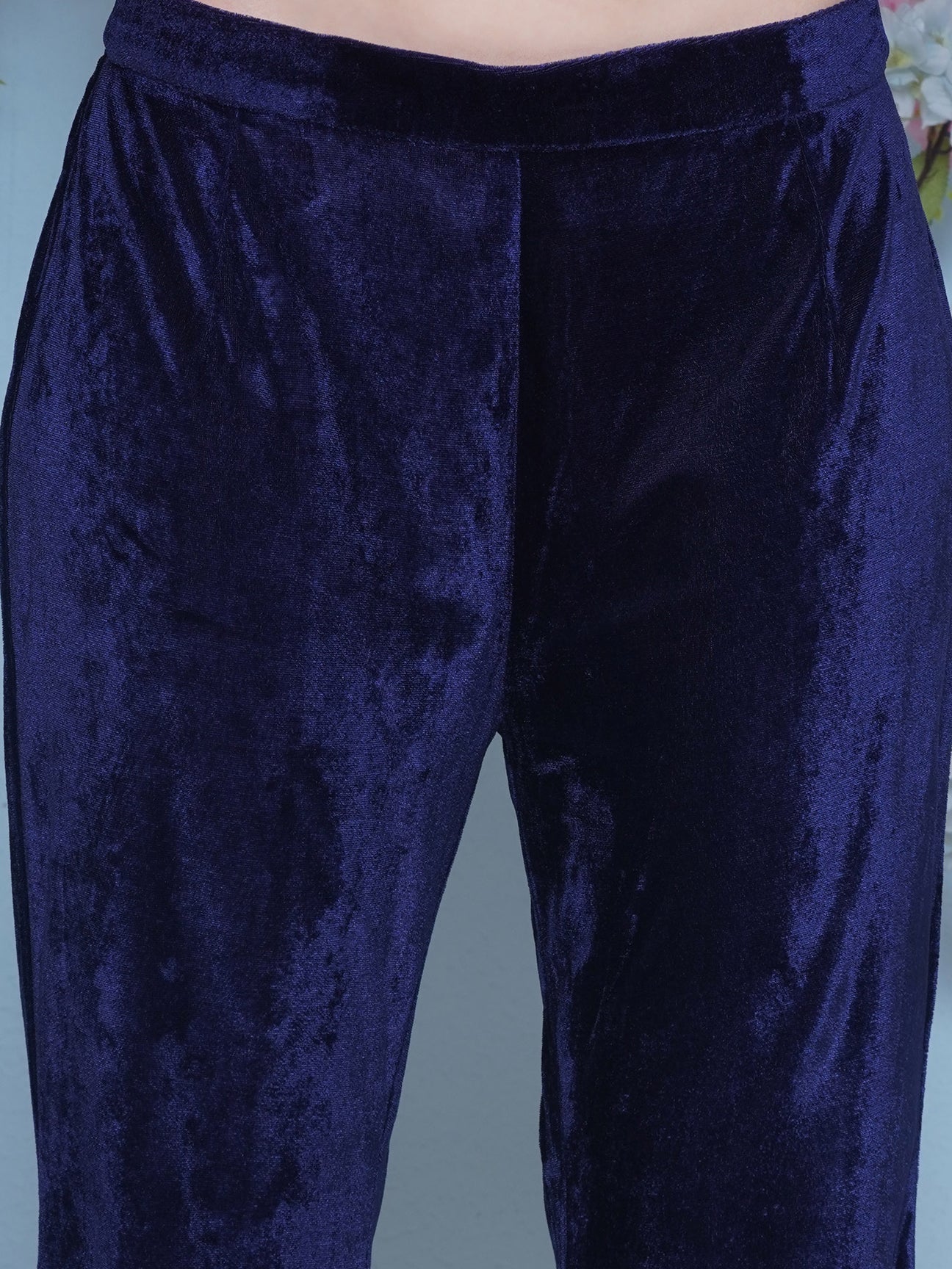 Designer Partywear Velvet Navy Blue Embroidered Kurta with inner and Bellbottom pants