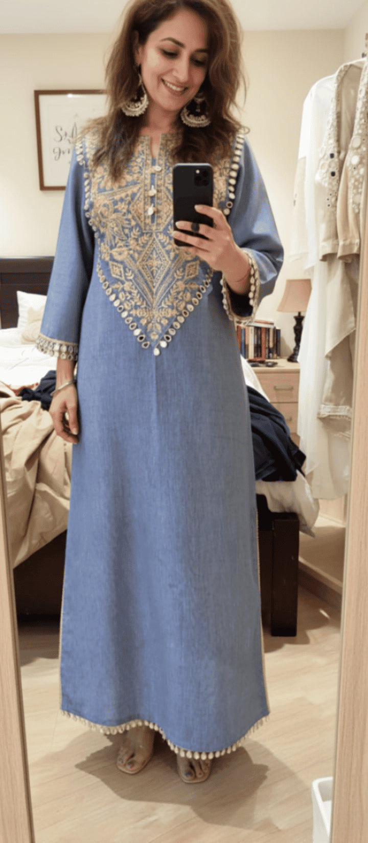 Celebrity Inspired Designer Denim Long Dress With Embroidery and Mirror Detailing