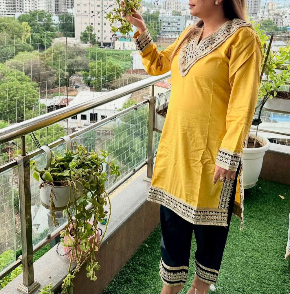 V-Neck Yellow Embellished Cotton Linen Co-ord Set