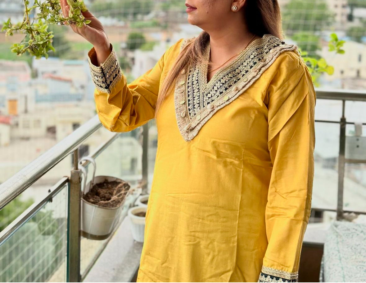 V-Neck Yellow Embellished Cotton Linen Co-ord Set
