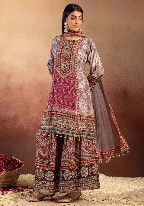 Grey Floral Print Embellished Crepe Satin Kurta With Sharara And Dupatta