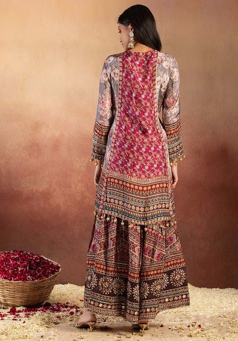 Grey Floral Print Embellished Crepe Satin Kurta With Sharara And Dupatta