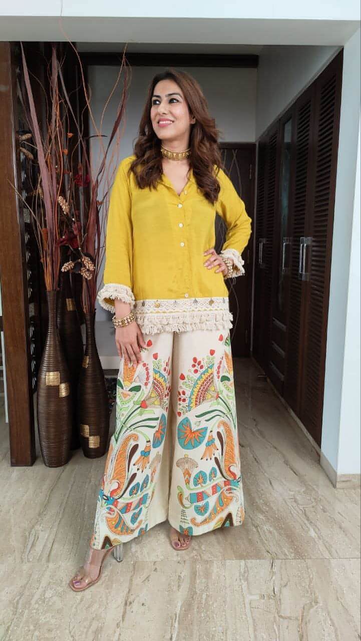 Designer Trendy Co-ord Set With Digital Print Flared Plazo With Fringe Lace Detailing