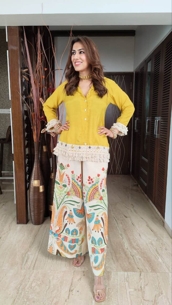 Designer Trendy Co-ord Set With Digital Print Flared Plazo With Fringe Lace Detailing