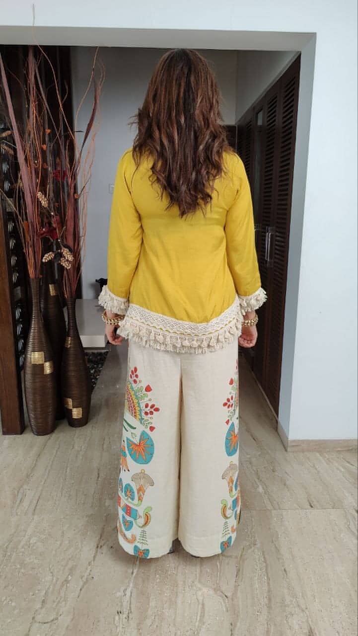 Designer Trendy Co-ord Set With Digital Print Flared Plazo With Fringe Lace Detailing