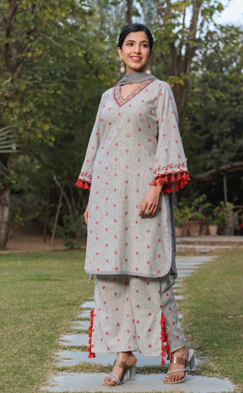 Grey & Red Embroidered Salwar Suit