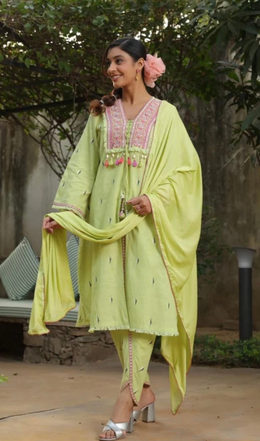 Pista Green Embroidered Cotton Salwar Suit