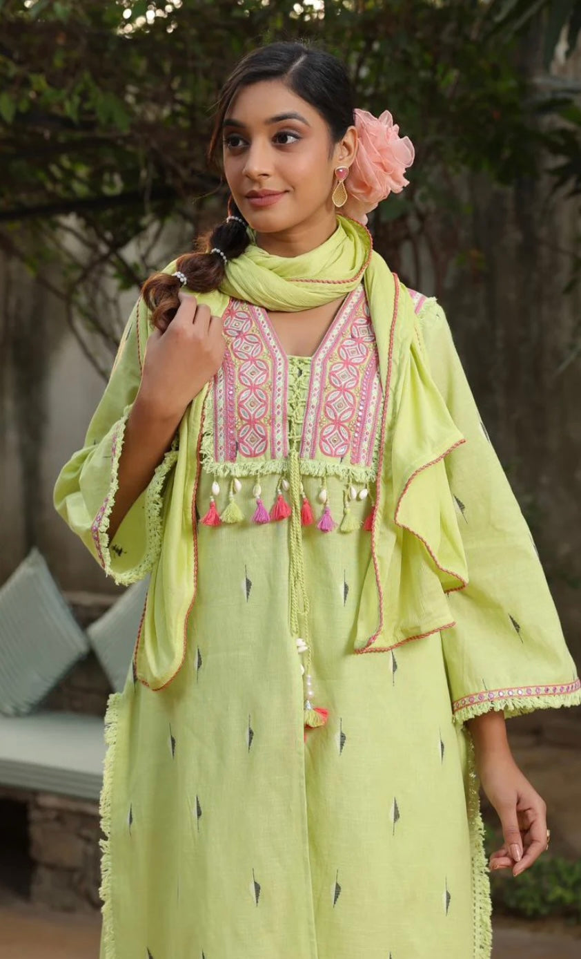 Pista Green Embroidered Cotton Salwar Suit