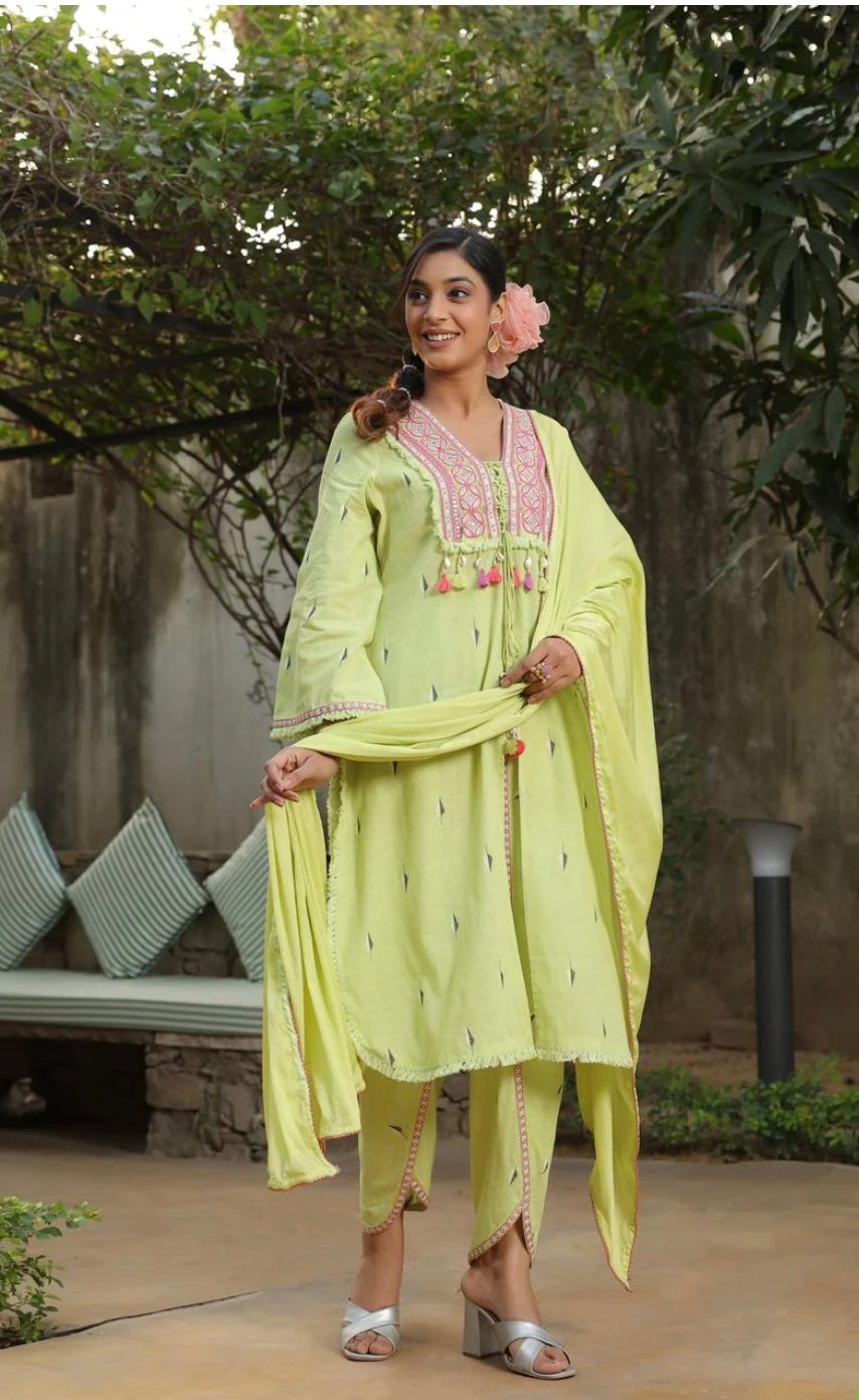 Pista Green Embroidered Cotton Salwar Suit