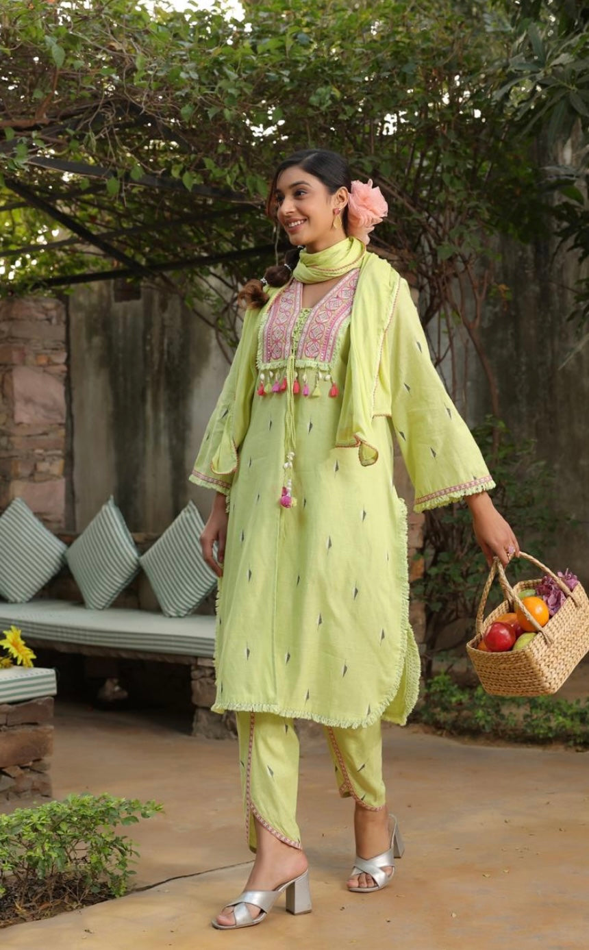 Pista Green Embroidered Cotton Salwar Suit