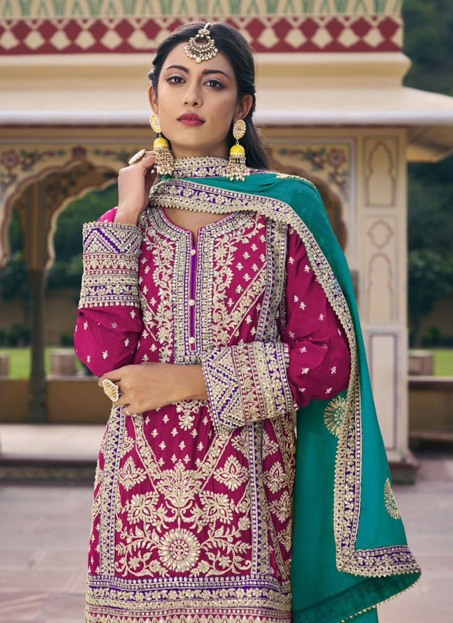 Magenta & Aqua Green Zari Embroidered Kurta Pant Set