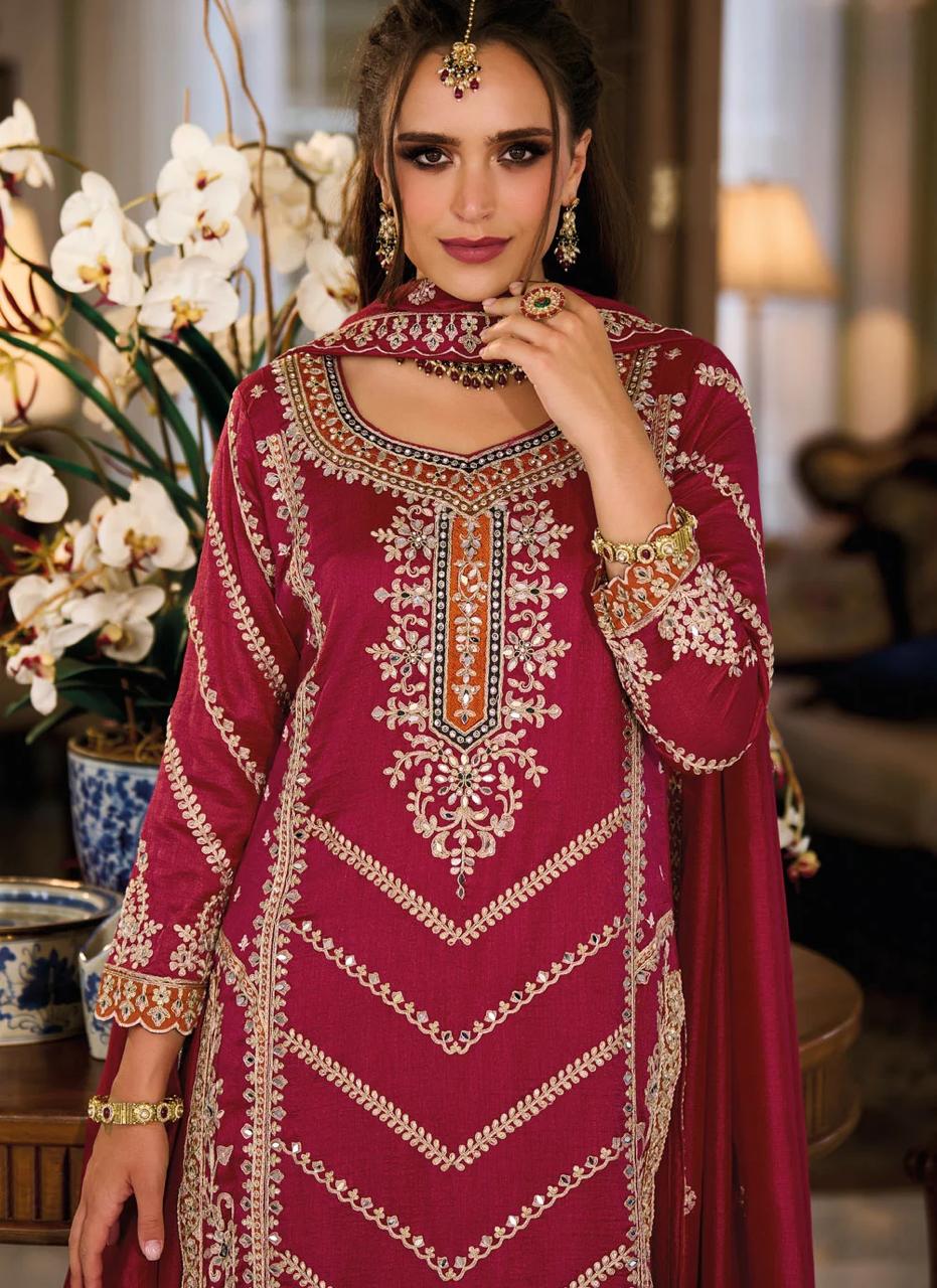 Maroon Mirror Work & Zari Embroidered Sharara Suit