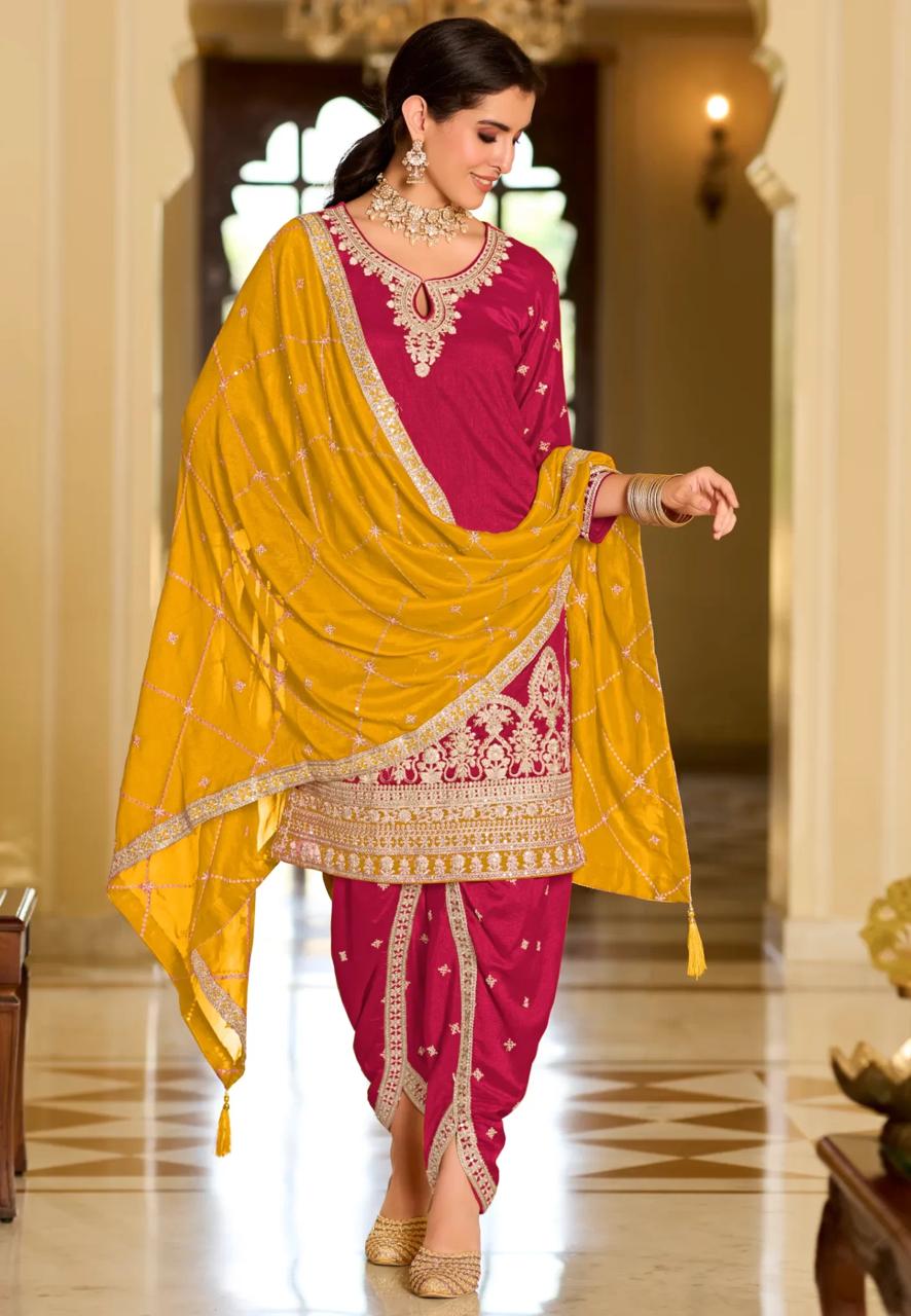 Yellow & Magenta Zari Embroidered Punjabi Suit With Tulip Pants