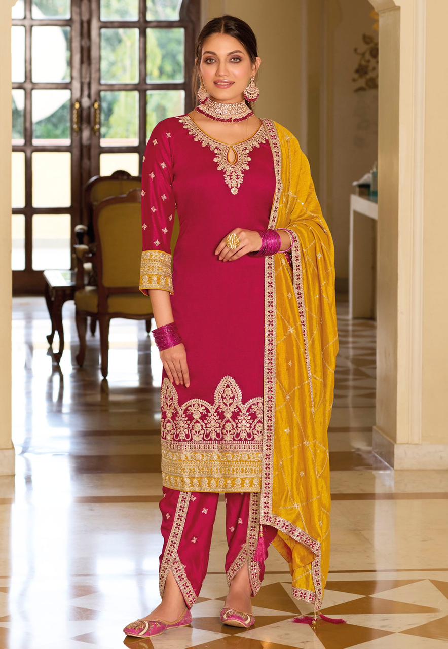 Yellow & Magenta Zari Embroidered Punjabi Suit With Tulip Pants