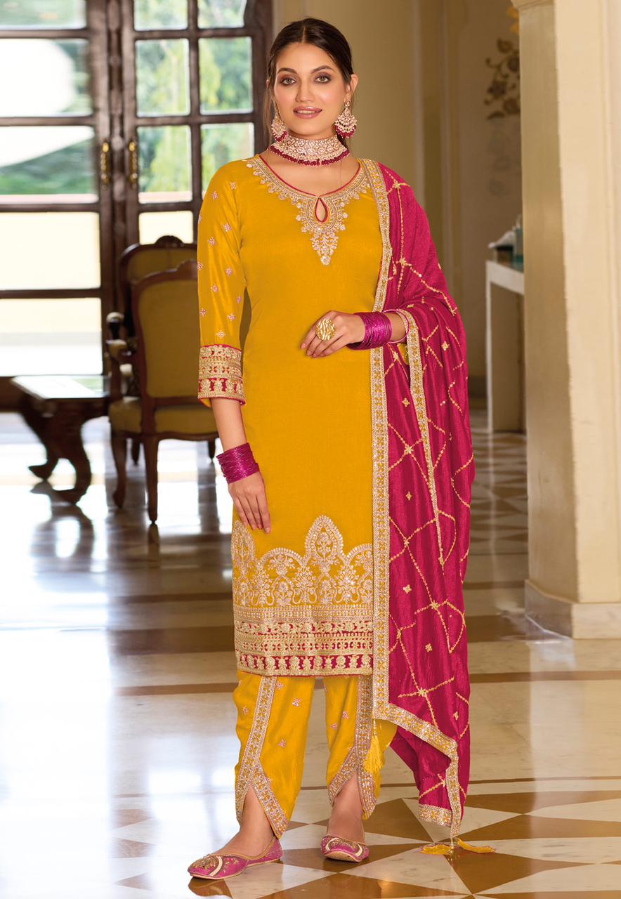 Yellow & Magenta Zari Embroidered Punjabi Suit With Tulip Pants Global Creations Yellow & Magenta Zari Embroidered Punjabi Suit With Tulip Pants Global Creations