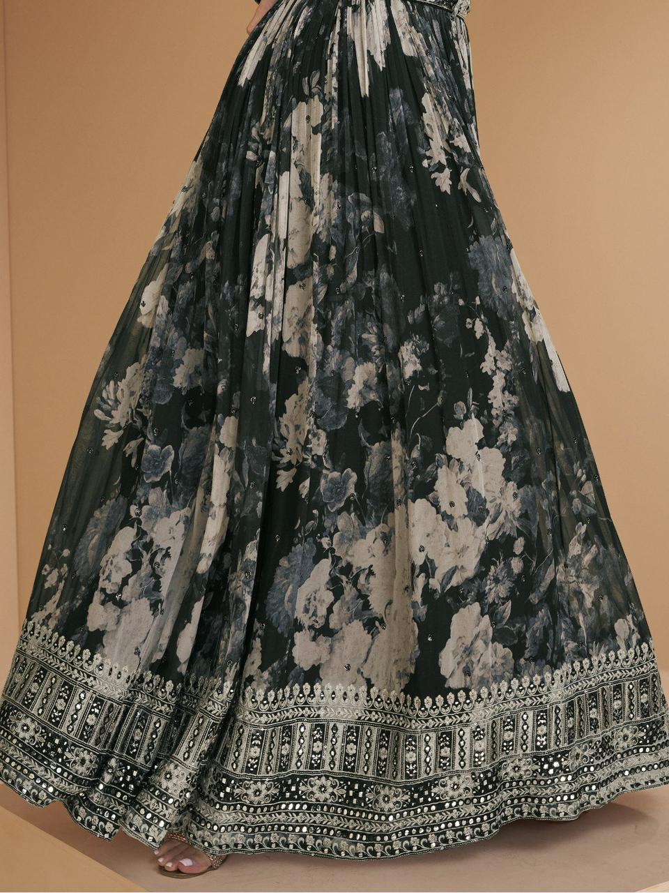 Partywear Grey & Black Faux Georgette Gown With Waist Belt