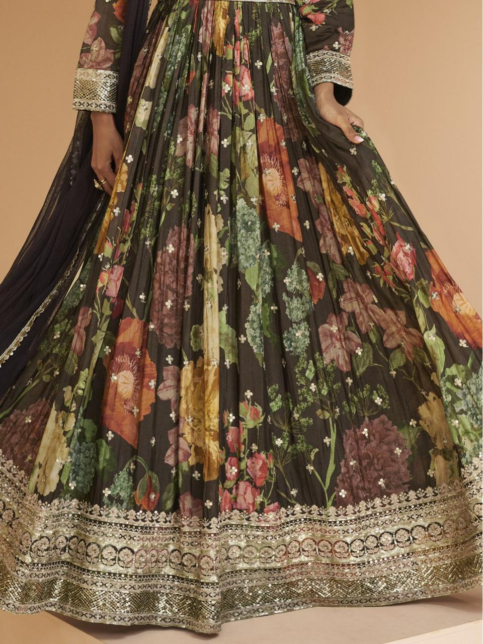 Brown & Black Faux Georgette Gown With Embroidery & Waist Belt