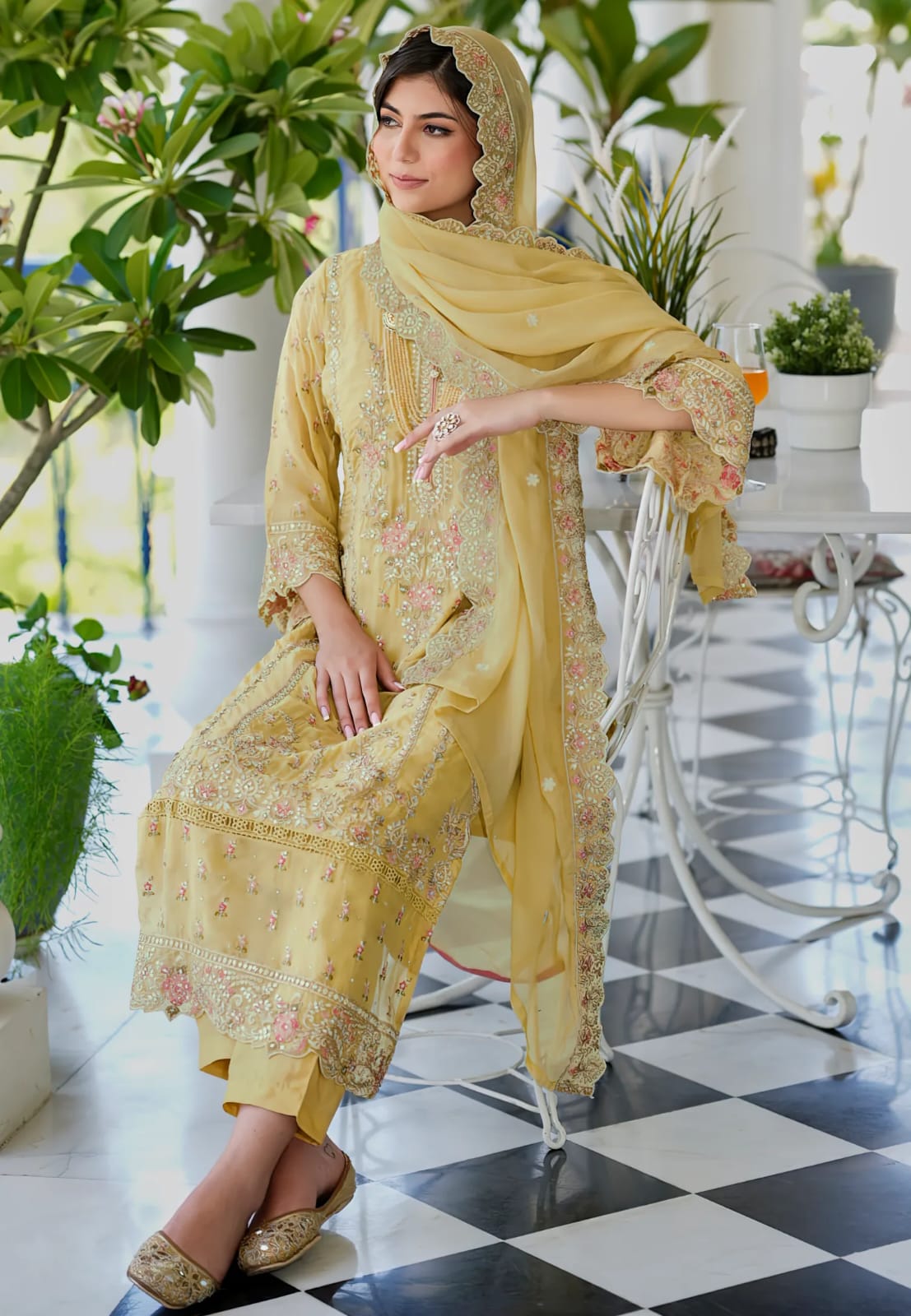 Yellow organza zari embroidered Pakistani Salwar Suit
