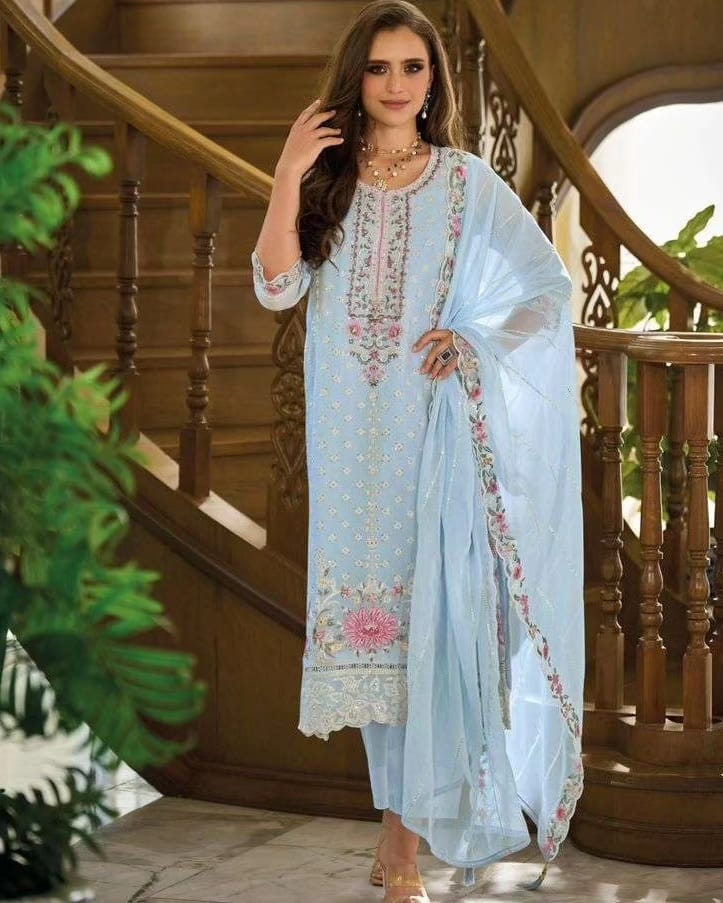 Sky Blue Organza Pakistani Suit with Embroidery