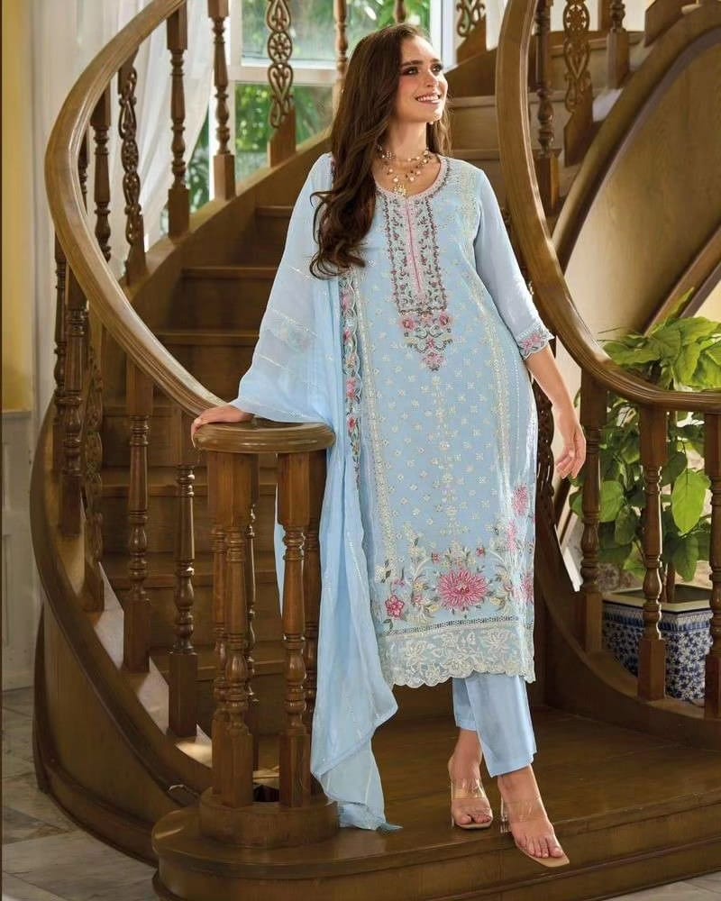 Sky Blue Organza Pakistani Suit with Embroidery