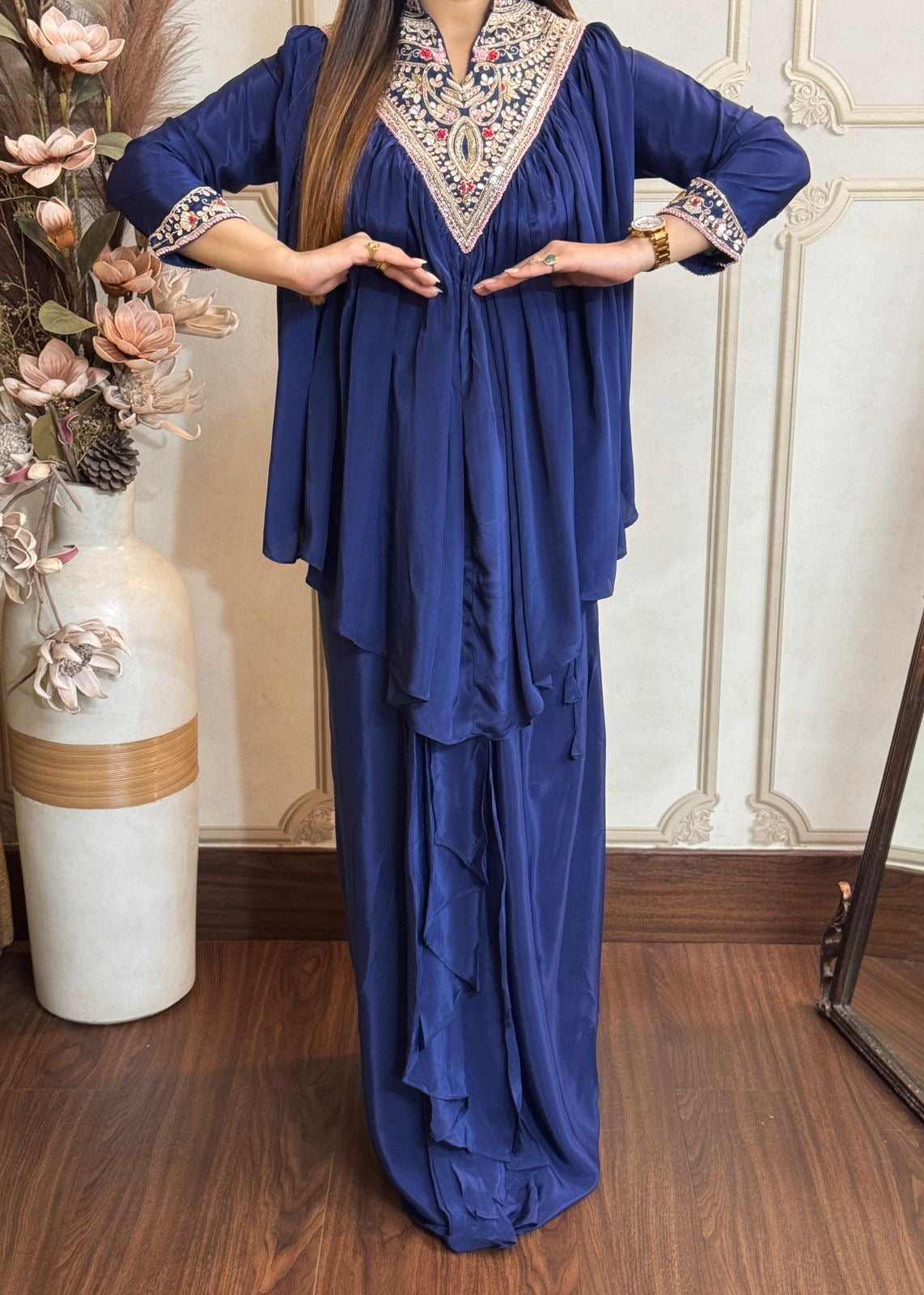 Navy Blue Pure Crepe Peplum Top With Dhoti Skirt